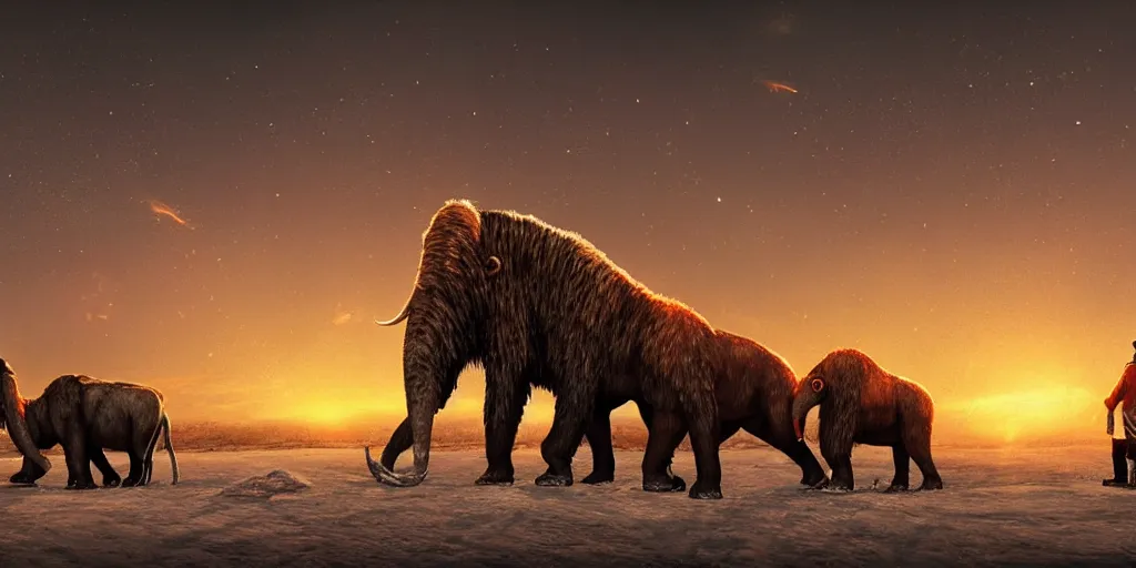 Image similar to digital art, trending on artstation, sunset at the north pole with some mammoths in the background walking while a meteorite falls