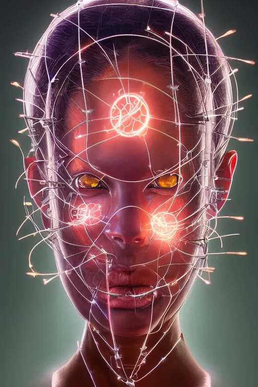 Image similar to organic cyborg head wrapped in barb wire lasers by Hajime Sorayama and Jamie Coreth, trending on artstation, centered, symmetrical, rim lighting, electric hair, bilateral symmetry, 80s poster, polished, thick smoke, retro dark vintage sci-fi, 2D matte illustration