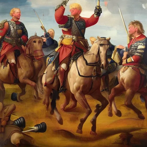 Image similar to found footage of general boris johnson leading his men into battle, glorified image, 8k, oil painting, renaissance style, fibbonacci layout