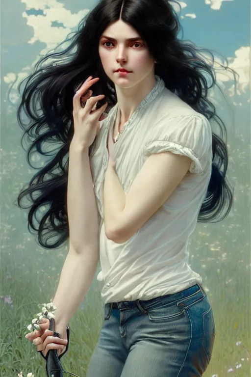 Image similar to ultra realistic, Beautiful black haired woman, Porcelain white complexion, big blue eyes, cute small lips., wearing jeans and white blouse, whip in hand, intricate details, eerie, highly detailed, octane render, 8k, art by artgerm and alphonse mucha and greg rutkowski