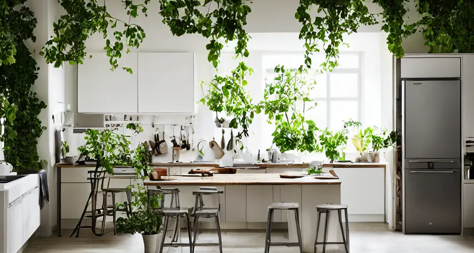 Image similar to IKEA catalogue photo, high end farm house style kitchen, sand piled in corners, dust, organic, vines, overgrown, tropical, by Dali