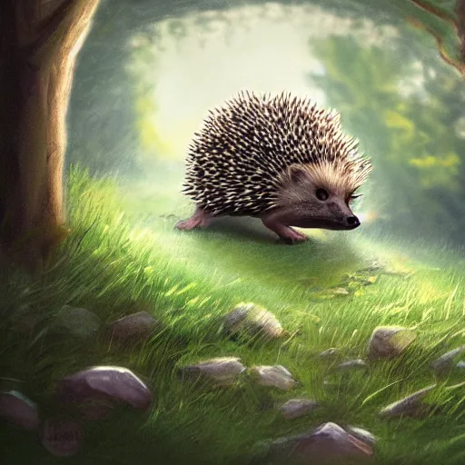 Prompt: hedgehog running into the bushes near stockholm, digital art, concept art, trending on artstation, very detailed