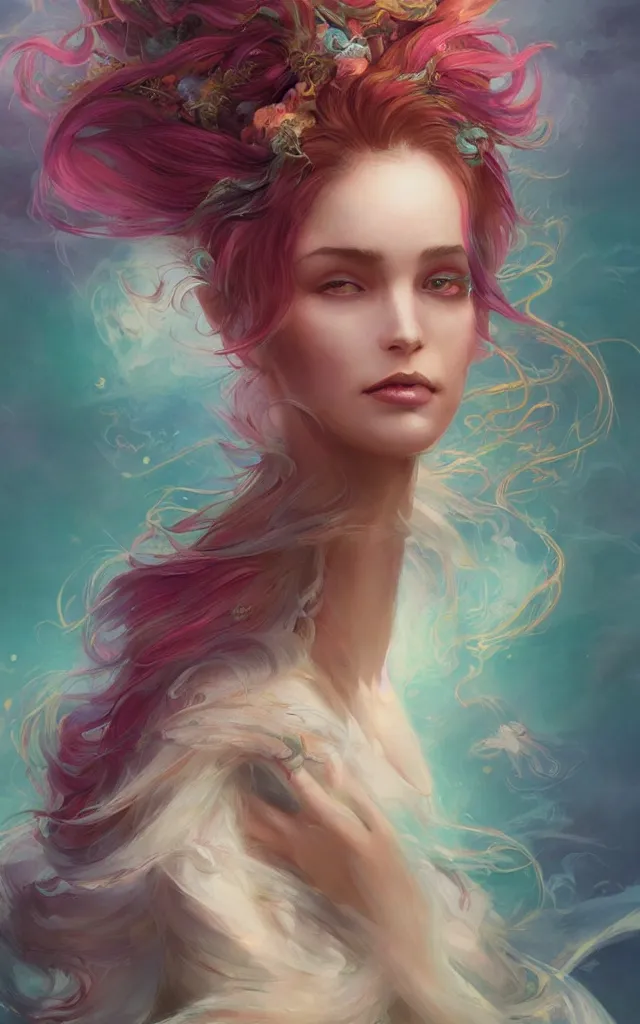 Image similar to a colorful and provenance illustrations painting of the fantasy female who with floral wing, highly detailed, her hair made of hair made of air wind and curling smoke, mist, dust, genie, spirit fantasy concept art, art by charlie bowater and greg rutkowski, trending on artstation.