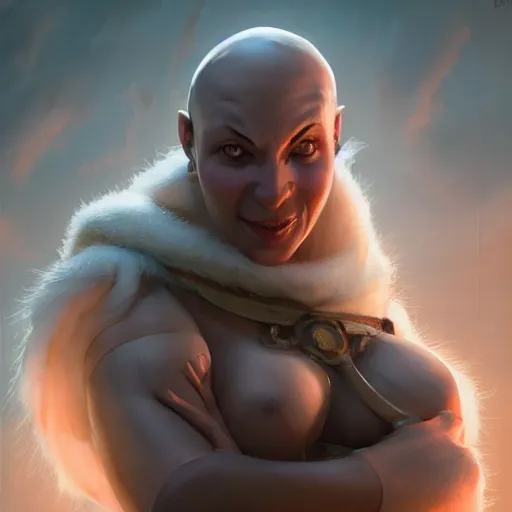 Prompt: portrait jovial female goliath from Dungeons and dragons, bald monk, blue skin, monk robes, white eyes, andrei riabovitchev, nuri iyem, james gurney, james jean, greg rutkowski, highly detailed, soft lighting 8k resolution