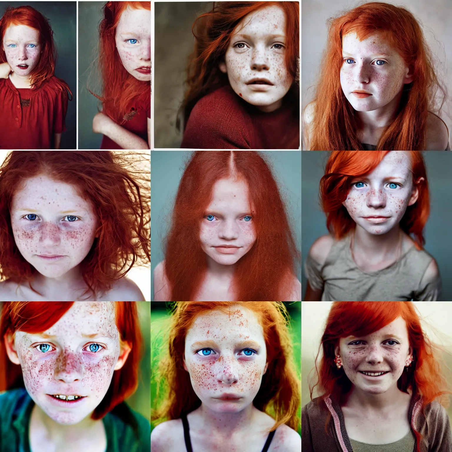Prompt: photograph of a ten year old girl by annie leibovitz, red hair, freckles, toothless