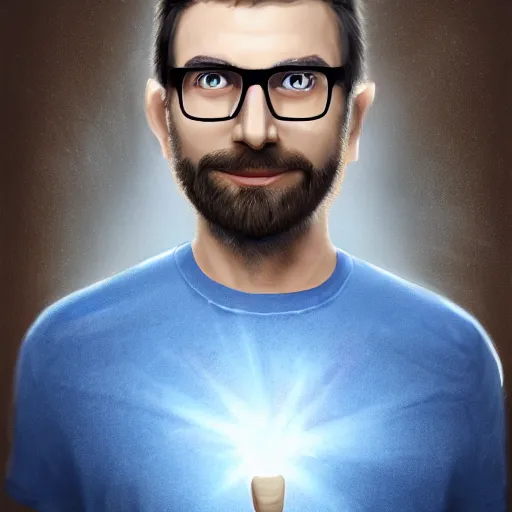 Prompt: Man from frog perspective in his 30s, light brown hair and salt-and-pepper hair with a short beard, thick dark glasses, blue eyes, big nose, wearing a shirt and a jean, holding a hammer digital painting, 4k, rays of light, particles light, by Ross Tran