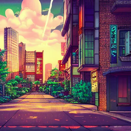 Prompt: realistic synthwave urban grunge cityscape, studio ghibli style