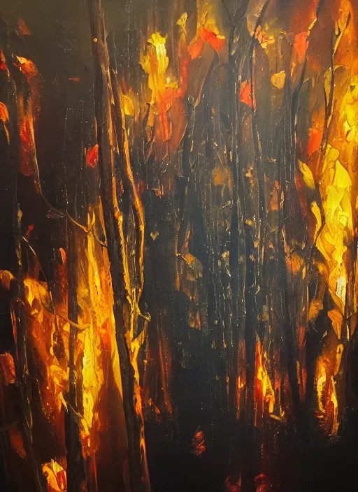 Prompt: an oil painting inspired by the old masters, of a wild forest fire at night time, thick paint, brush strokes, beautiful details, expressive, paint of fire, the rebirth, oil paint on linen, exquisite quality