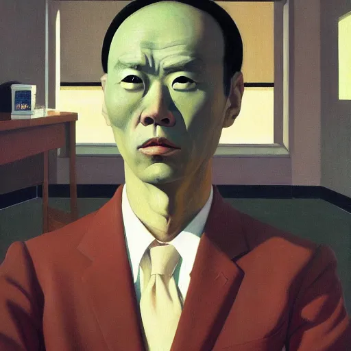 Image similar to Portrait of Japanese wearing a business suit , very coherent, painted by Edward Hopper, Wayne Barlowe, painted by James Gilleard, airbrush, art by JamesJean