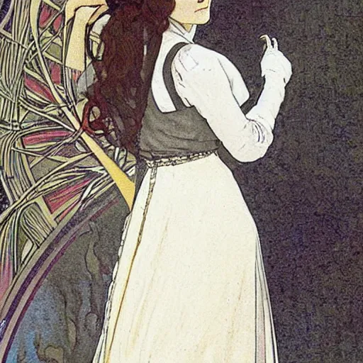 Image similar to a young edwardian woman wearing a white blouse and a grey skirt, in the style of mucha