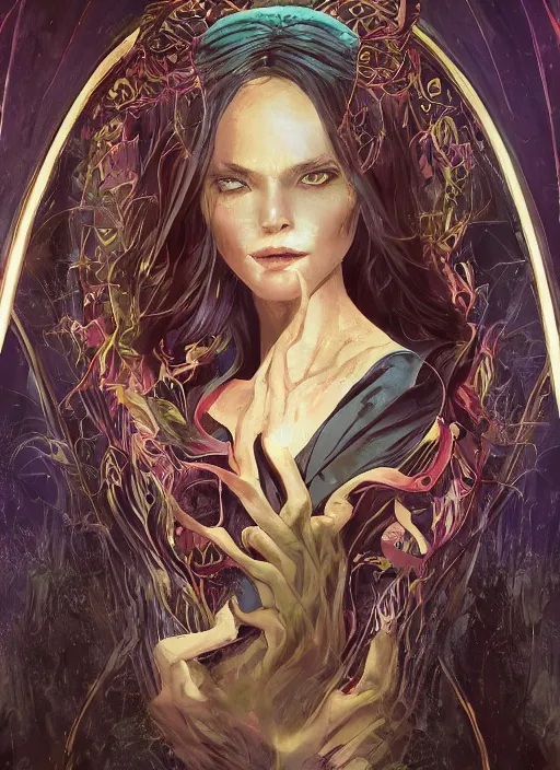 Image similar to book frontcover, side portrait, dark witch with black hood and evil eyes, realism, soft, smooth, luminescent, art nouveau tarot, backlit glow, colorful swirly ripples, gaudy colors, aesthetic octane render, unreal engine, 8 k, by artgerm, greg rutkowski, alphonse mucha