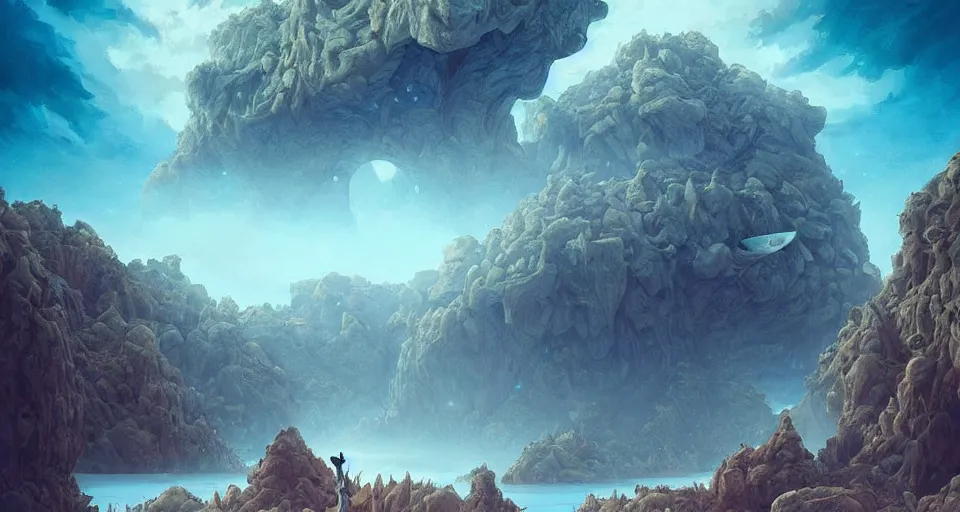 Prompt: a beautiful desert oasis!!!! with crystal clear water with an astronomically large humanoid!!!! monster!!!! in the sky, by junji ito and peter mohrbacher, extremely detailed shading, concept art, digital painting, trending on artstation, unreal engine 5, octane render, atmosphere, glow, cinematic lighting, full of color