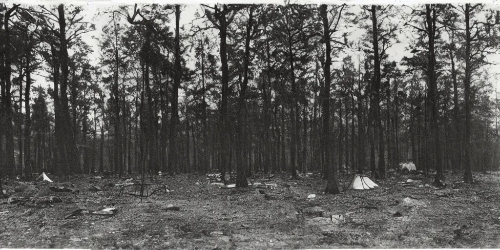 Prompt: Empty campsite in an ominous forest, 1900s photography