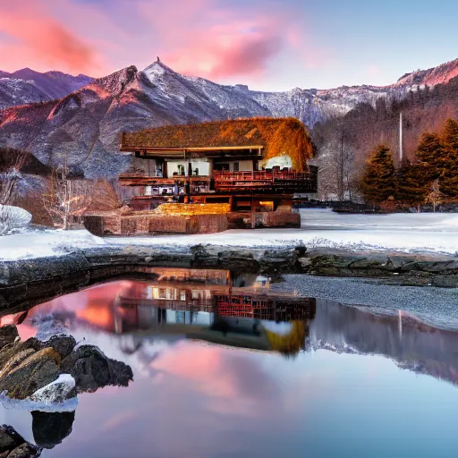 Prompt: DSLR still of a beautiful mountainside river with a pier and a modern home at sunrise in winter, 4k