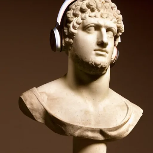 Prompt: a roman bust wearing headphones listening to music, in the stule of vaporwave