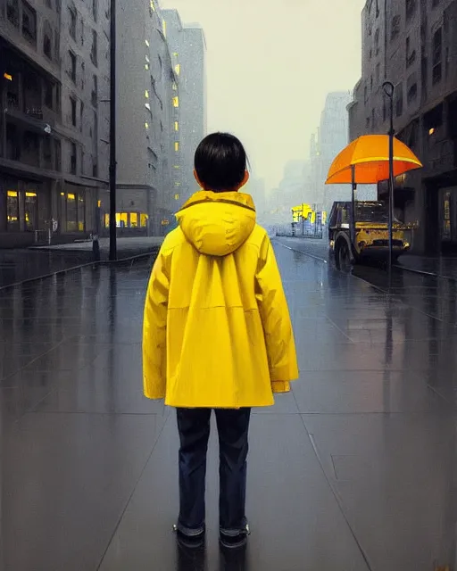 Image similar to stylized portrait of an artistic pose, composition, young kid with a yellow raincoat, standing in an empty steet, realistic shaded, fine details, realistic shaded lighting poster by ilya kuvshinov, magali villeneuve, artgerm, jeremy lipkin and michael garmash and rob rey