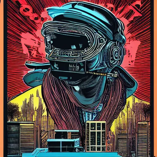 Image similar to Illustrated by Shepard Fairey and Moebius | Cyberpunk Tupac Shakur with VR helmet, surrounded by cables