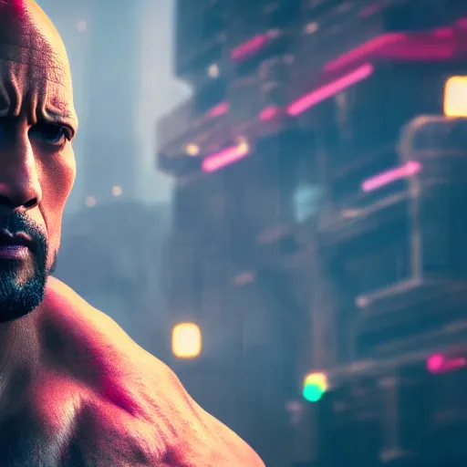 Image similar to dwayne johnson half - robot, cyberpunk 2 0 7 7, photorealistic, ultra detailed, neon, octane, bokeh, cinematic lighting, cyber, cyberpunk city, studio quality, feature, scars, cyberface, 8 k