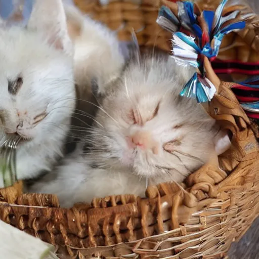 Image similar to two kittens sleeping in a basket, happy, cute