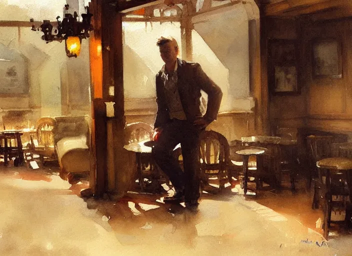 Image similar to oil watercolor painting of young guy in western bar, mysterious light, art by anders zorn, wonderful masterpiece by greg rutkowski, beautiful cinematic light, american romanticism by greg manchess, creation by tyler edlin