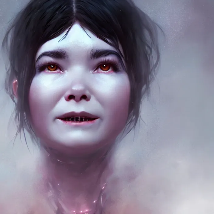 Prompt: demonic bjork, ominous, smiling, phantasmagoric, by tom bagshaw and ilya kuvshinov, rtx rendering, octane render 1 2 8 k, maya, extreme high intricate details by wlop, digital anime art by ross tran, medium shot, composition by sana takeda, dramatic lighting by greg rutkowski