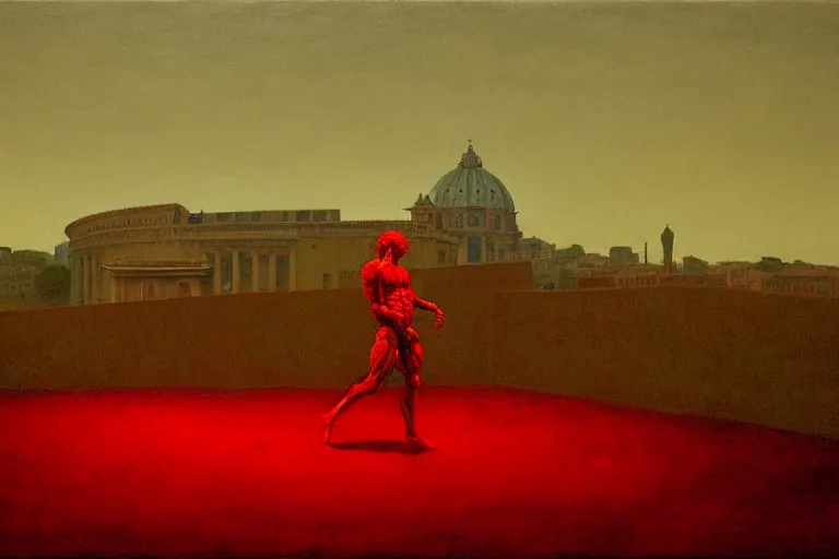 Image similar to only with red, caesar after war, the great deal, a red tiger, in hoc signo vinces, rome in background, an ancient path, in the style of beksinski, part by hopper, part by rodcenko, part by hofbauer, intricate composition, red by caravaggio, insanely quality, highly detailed, masterpiece, red light, artstation