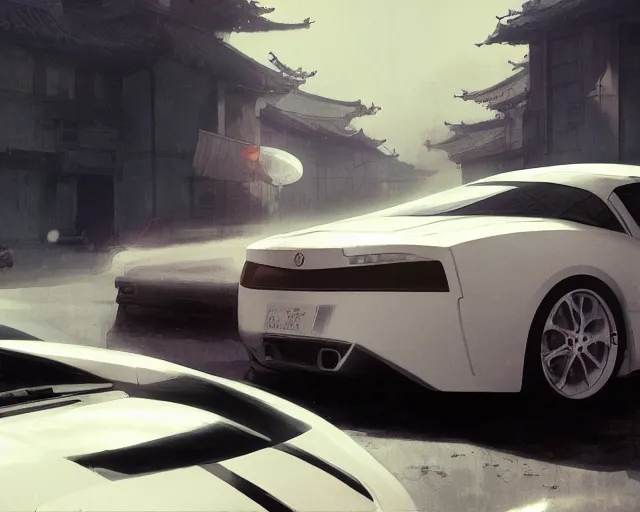 Image similar to a 50 year old brunnete chinese man getting into a white fast car, horror scene, dramatic, anime art, Greg Rutkowski, studio ghibli, dramatic lighting