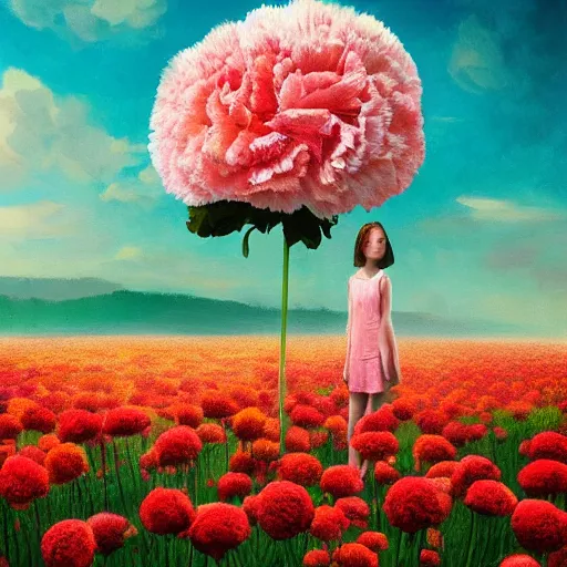 Image similar to head made of carnations flower, girl standing in a vast flower field, surreal photography, sunrise dramatic light, impressionist painting, colorful clouds, large sky, digital painting, artstation, simon stalenhag, flower face