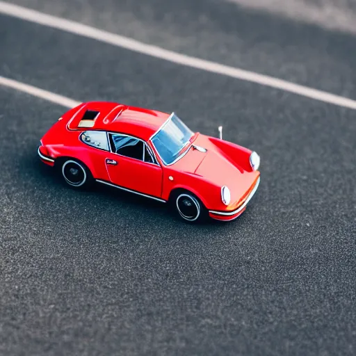 Image similar to close up photo of a small toy porsche 9 1 1 9 6 4 on a road stripe, cinematic, shallow dof, 3 5 mm, 4 k, macro