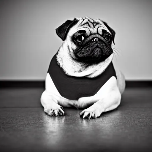 Prompt: portrait of a depressed pug dog with an emo haircut, intricate detail, high contrast, studio photo, well lit,