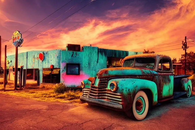 Image similar to a sunset light landscape with historical route 6 6, lots of sparkling details and sun ray ’ s, blinding backlight, smoke, volumetric lighting, colorful, octane, 3 5 mm, abandoned gas station, old rusty pickup - truck, beautiful epic colored reflections, very colorful heavenly, softlight