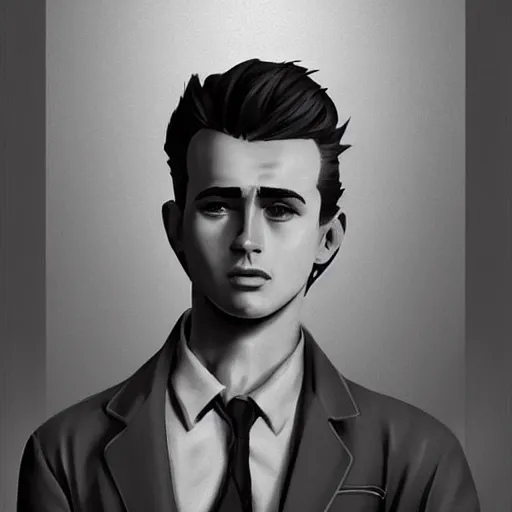 Image similar to a highly detailed epic cinematic concept art CG render digital painting artwork costume design: young James Dean as a well-kept neat perfect formal student in a 1950s USSR school uniform. By Greg Rutkowski and Ilya Kuvshinov, trending on ArtStation, made in Maya, Blender and Photoshop, octane render, excellent composition, cinematic atmosphere, dynamic dramatic cinematic lighting, aesthetic, very inspirational, arthouse