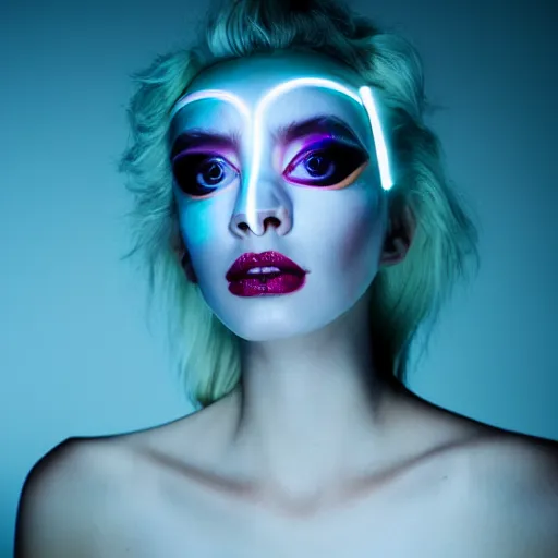 Prompt: high fashion photography of a model in neo futurism white sci - fi makup, transparent cloth, beautifully lit by neon light