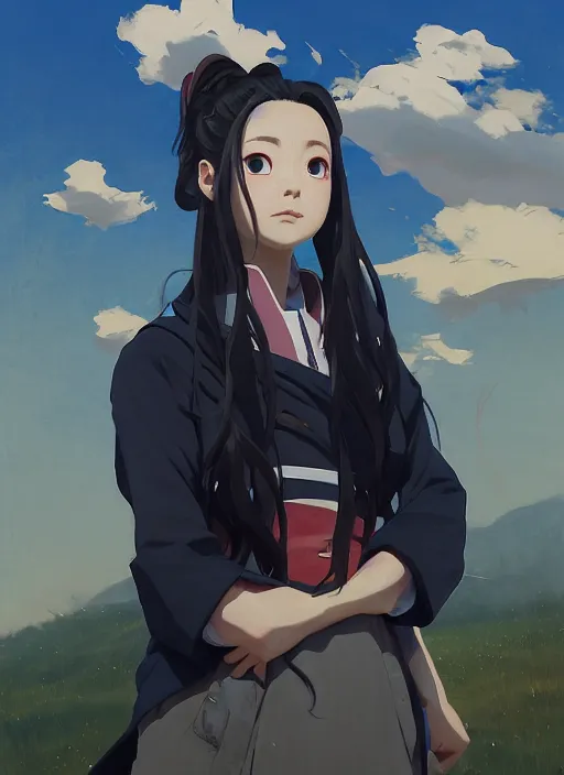 Image similar to portrait of Nezuko Kamado from Demon Slayer Anime, countryside, calm, fantasy character portrait, dynamic pose, above view, sunny day, thunder clouds in the sky, artwork by Jeremy Lipkin and Giuseppe Dangelico Pino and Michael Garmash and Rob Rey, very coherent asymmetrical artwork, sharp edges, perfect face, simple form, 100mm