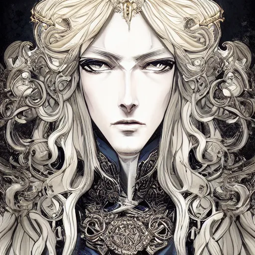 Image similar to portrait of a king, baroque style, elegant, beautiful, mesmerizing, concept art, fancy clothing, highly detailed, artstation, behance, deviantart, inspired by innocent manga, inspired by castlevania concept art, trending, ayami kojima, shinichi sakamoto