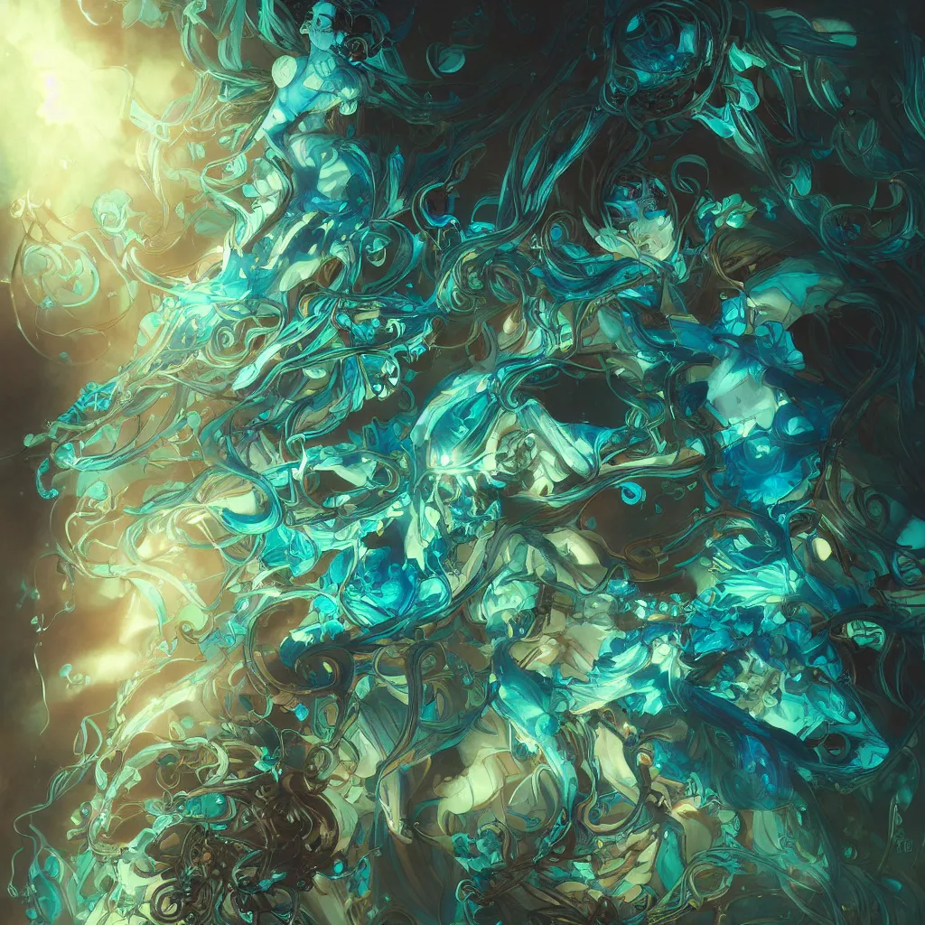 Image similar to rich blue and green and aqua and teal fungus monsters by artgerm and beksinki, red veins by alphonse mucha, intense lighting, light beams, lens flare, intricate, elegant, nightmare, highly detailed, digital painting, artstation, concept art, smooth, sharp focus, illustration