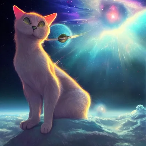 Image similar to cat in space, unreal engine, digital, artstation, detailed intricate illustration, heavenly atmosphere, digital art, overdetailed art, concept art, complementing colors, trending on artstation, cgstudio, the most beautiful image ever created, dramatic, subtle, details, award winning artwork, beautiful scenery