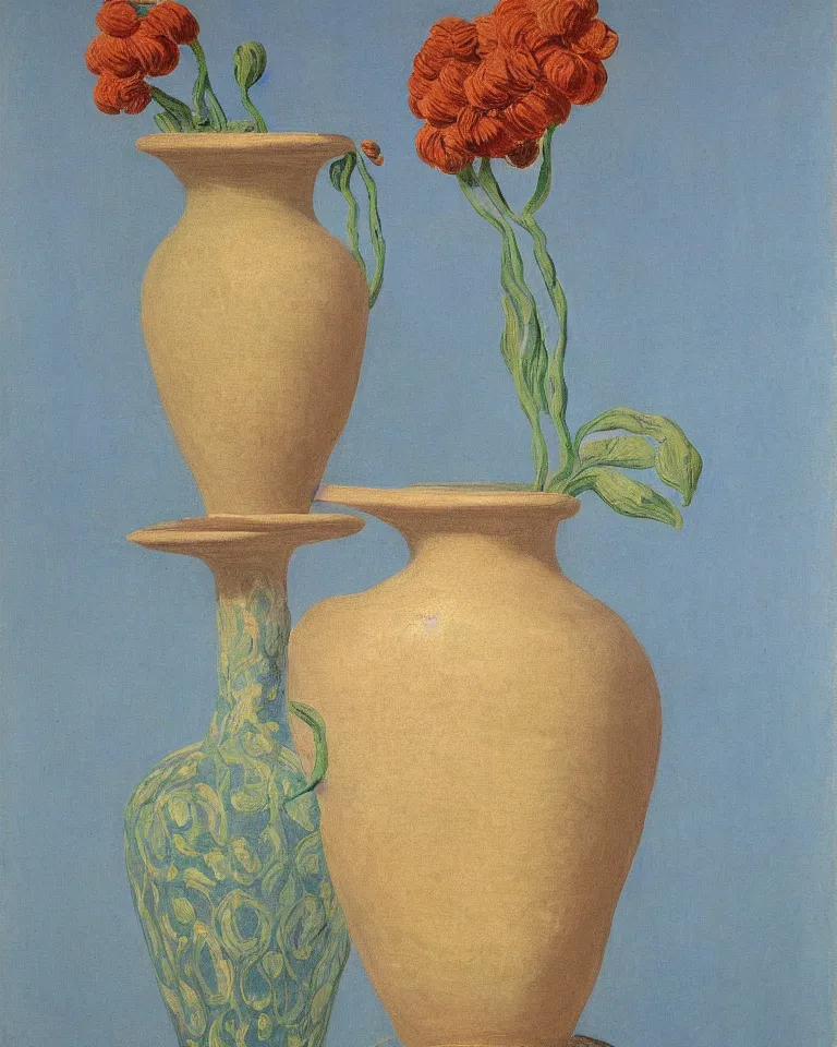 Prompt: print featuring painted ancient greek vase on baby blue background by rene magritte, monet, and turner.