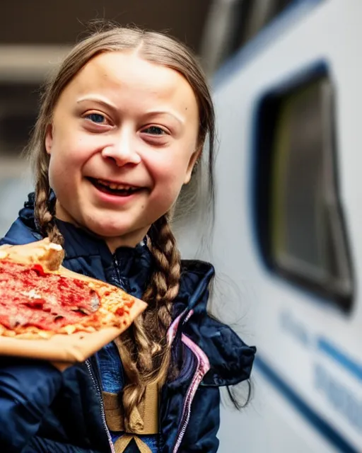 Image similar to film still close - up shot of greta thunberg giving a speech in a crowded train station eating pizza, smiling, the sun is shining. photographic, photography