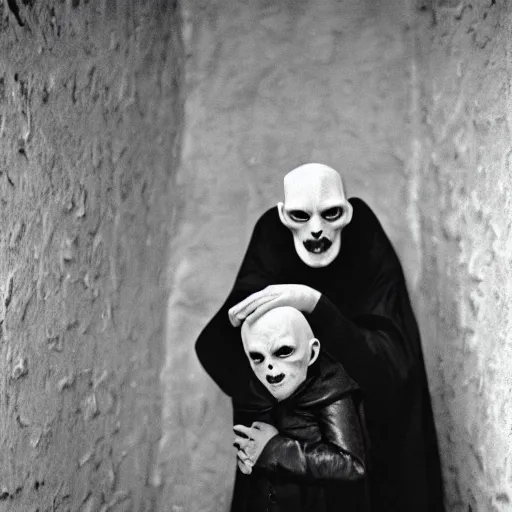 Image similar to portrait of nosferatu playing with his kid, realistic detailed photography, kodak 5 2 1 9 film, 5 0 mm lens