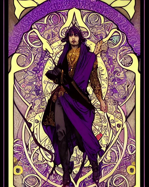 Image similar to tarot card, half - body, the devil, demon male, black and purple robes, beautiful, medieval, super detailed, ornate, by alphonse mucha, stjepan sejic, symmetry, 8 k, sharp focus