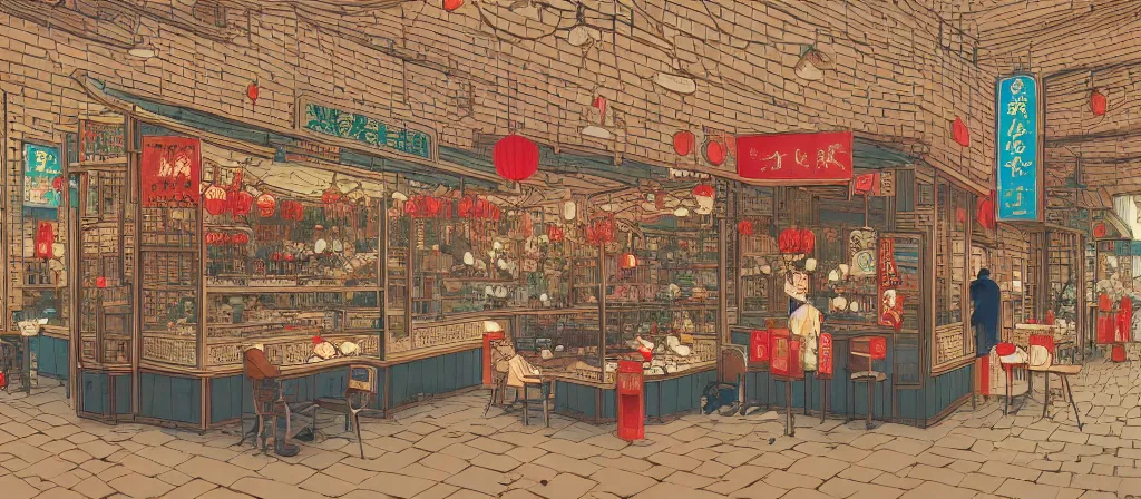 Prompt: a beautiful simple 4 k hd wallpaper illustration of interior view display of the corner of roasted string hotpot shop, simple style, from china, with merchant logo, simple structure, surrealistic, chinese style, victo ngai, james jean, denoise, deblurring