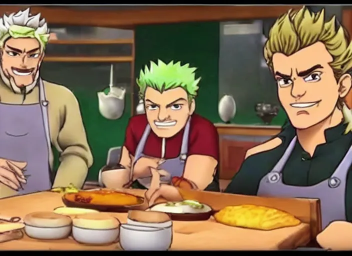 Prompt: Joseph joestar on a cooking show with gordon ramsey