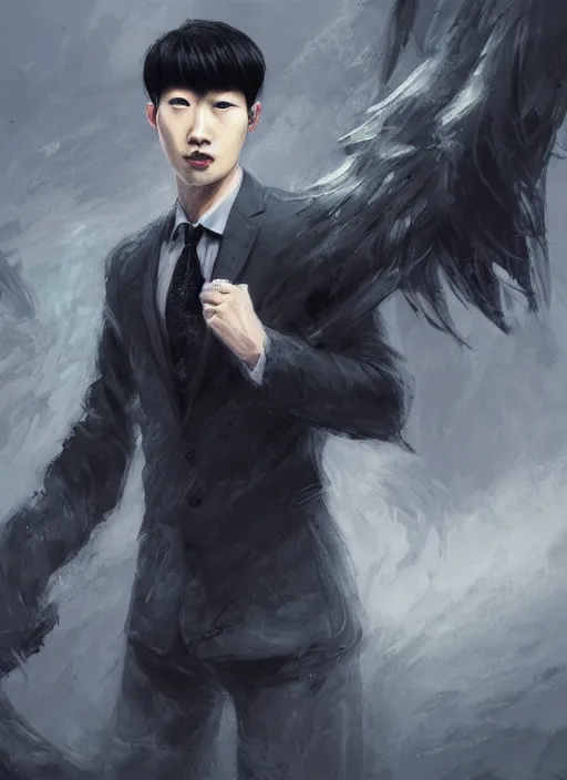 Image similar to a highly detailed illustration of attractive korean man with bowl cut black hair wearing shirt and tie with foggy giant black mist claws, wielding giant black mist claws pose, tired expression, black mist surrounding background, intricate, elegant, highly detailed, centered, digital painting, artstation, concept art, smooth, sharp focus, league of legends concept art, wlop.