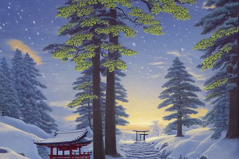 Prompt: a painting in the style of rob gonsalves of a beautiful large shinto shrine with a torii in a natural setting, soft lighting, seasonal weather, in the arctic tundra