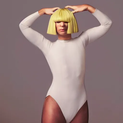 Image similar to sia furler wearing a skin colored leotard full body artistic photoshoot