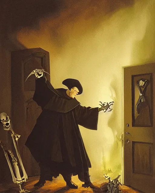 Prompt: A painting of Martin Luther nailing a paper skeleton Halloween decoration to the door of a suburban home, in the styles of Ferdinand Pauwels, Greg Rutkowski, and Tim Burton, hyperrealistic, volumetric lighting