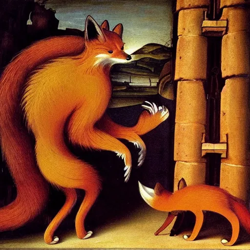 Prompt: an anthropomorphic Fox explores a Dungeon, Renaissance Painting