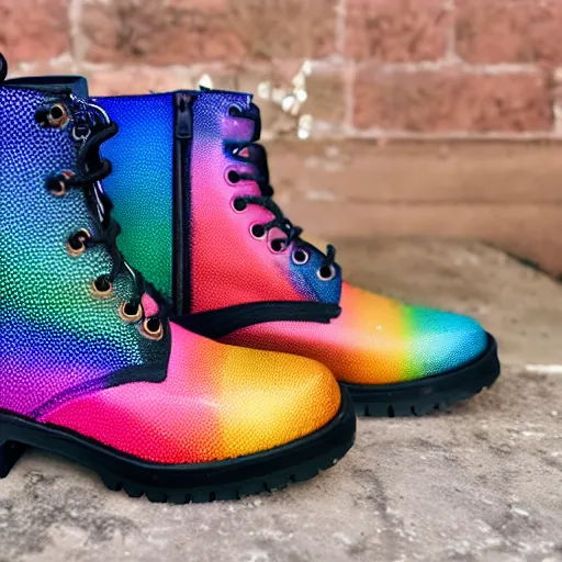 Image similar to stiletto doc Martin boots with rainbow colored polka dots, product photo, detailed, 4k