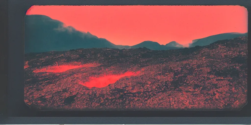 Prompt: polaroid photo of a vulcanic eruption, bright red lava, mountains in the background, clouds in the sky, a lot of smoke